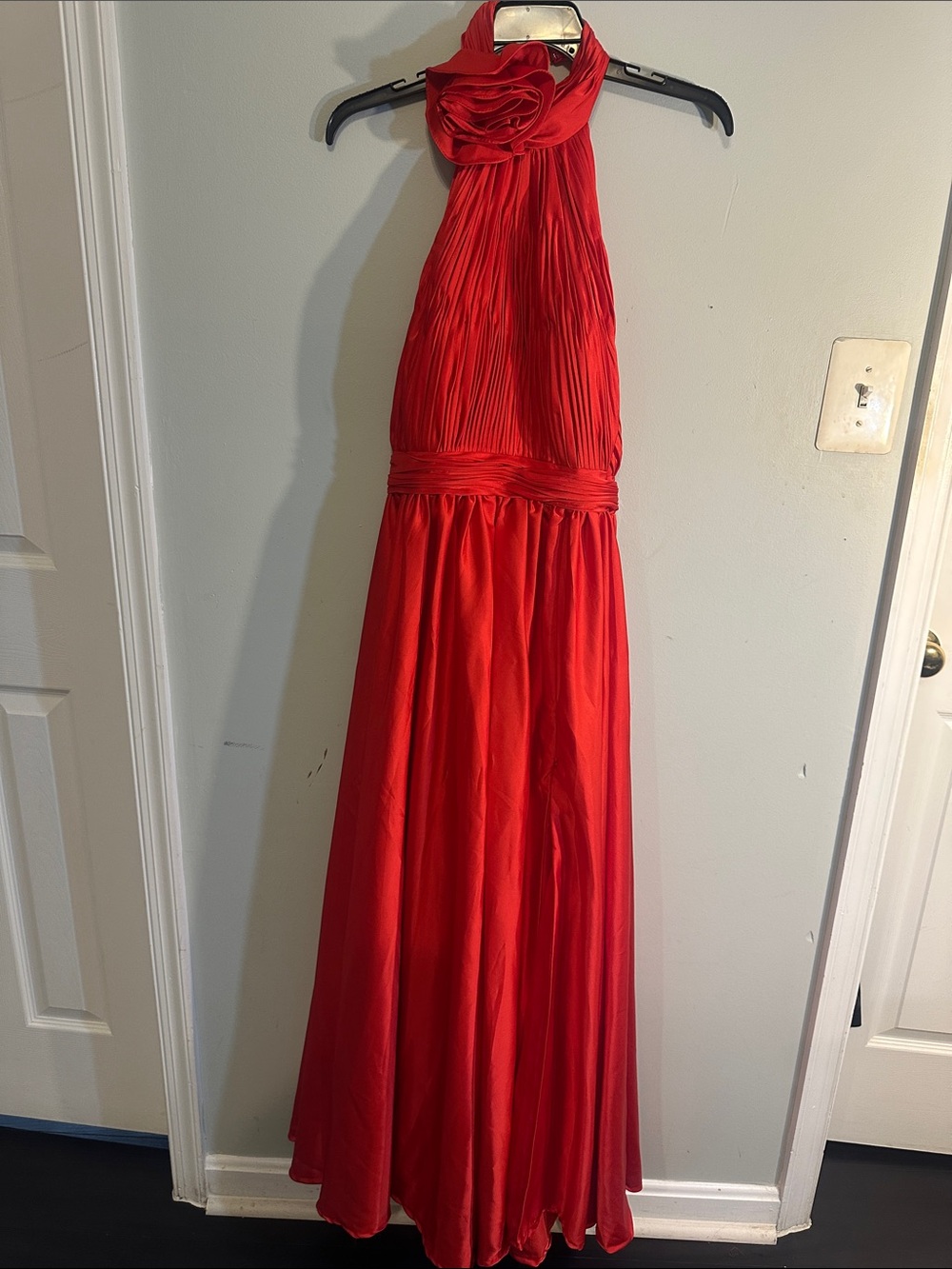 Mac Duggal Red Halter Backless Rosette Evening Gown